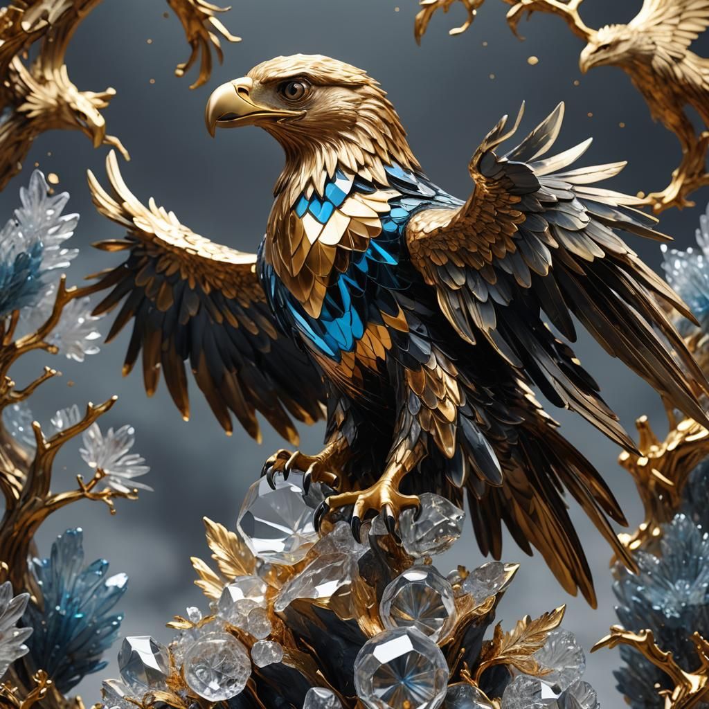 Beautiful Crystal Golden Eagle Sculpture in Matte Painting S...