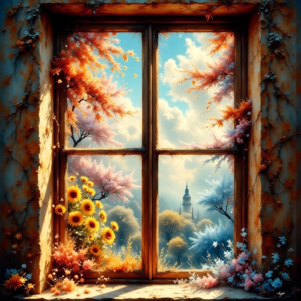 Whimsical Window Frame in Antique Watercolor Style
