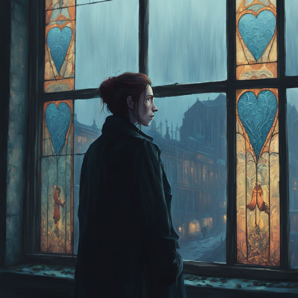 A Woman Lost in Rainy Streets, in Hyperreal Style