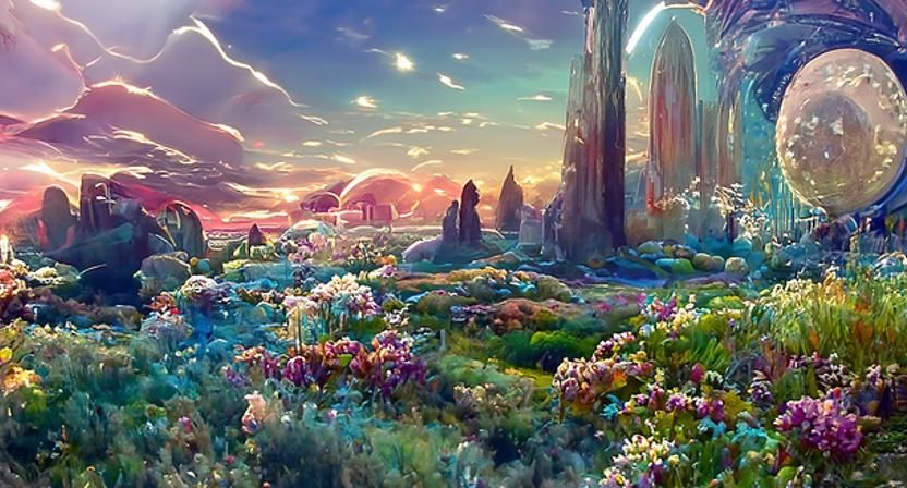 Luminous Solarpunk Temple in Pastel Alien Landscape