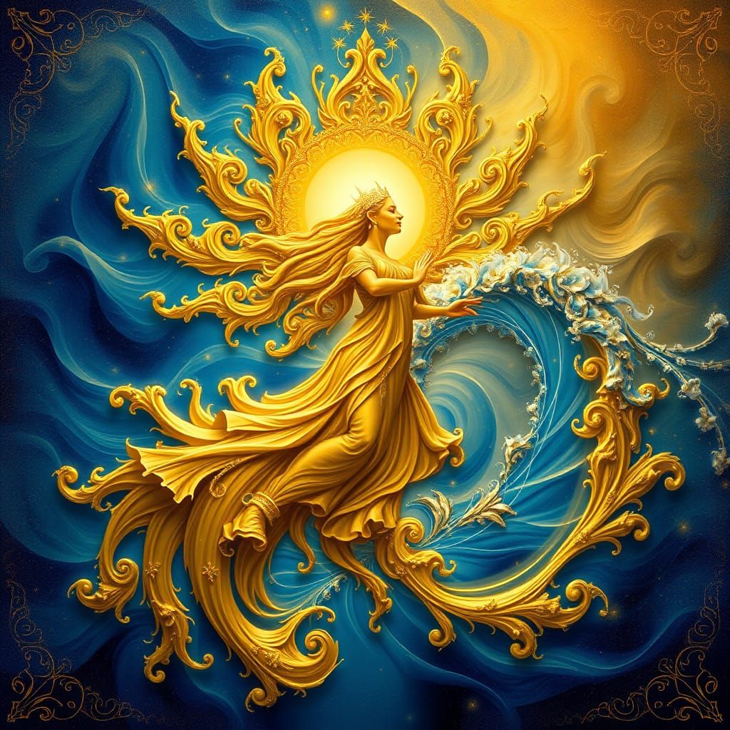 Elegant Goddess of Nature in Vibrant Gold and Blue