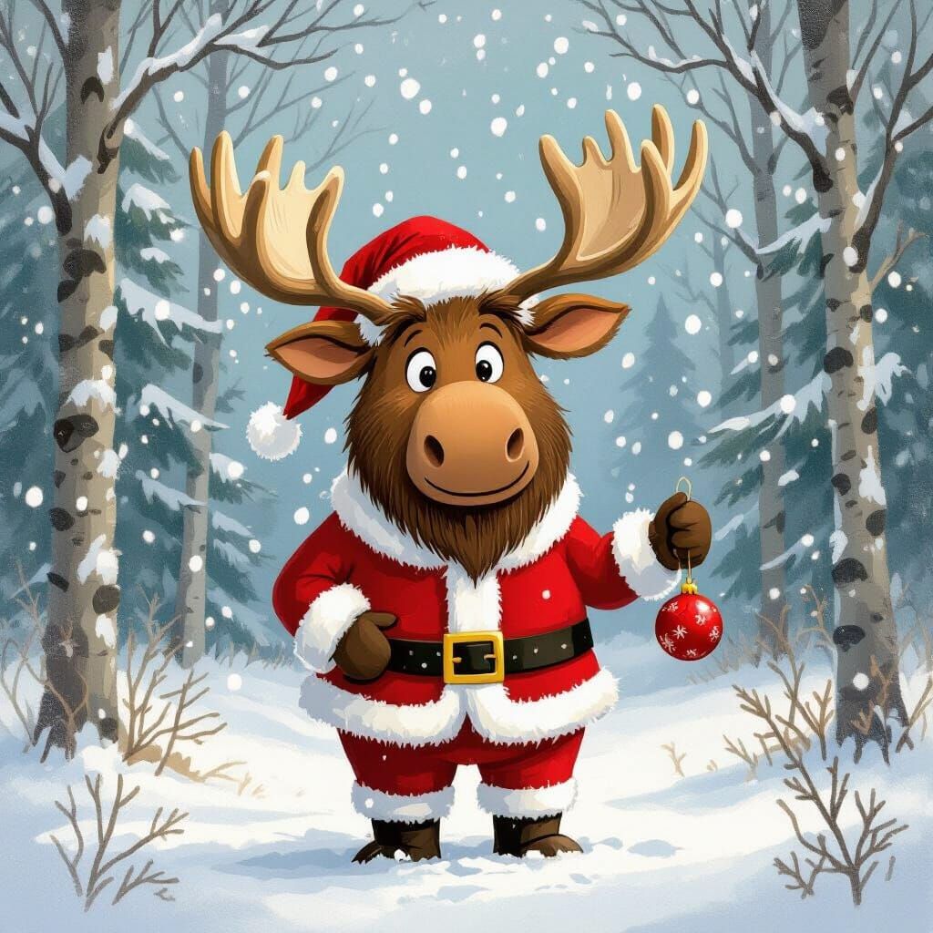 Moose in Santa Suit in Snowy Forest