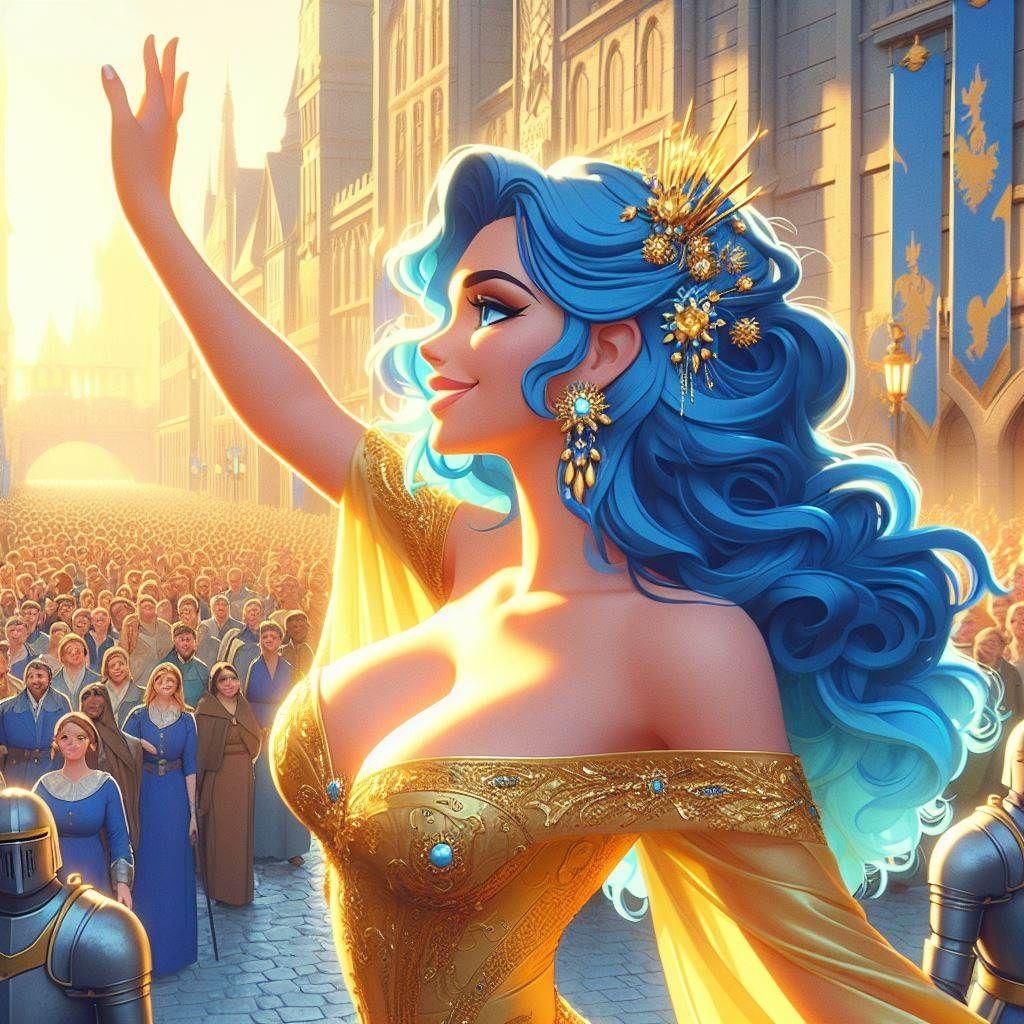 Blue-Haired Queen Waving to Crowd in 2D Animated Style