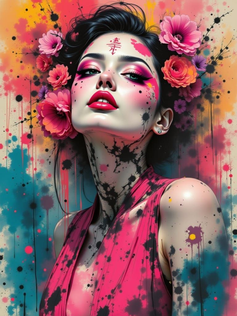 Hyper-Futuristic Geisha-Cyborg Reborn in Vibrant Oil Paintin...