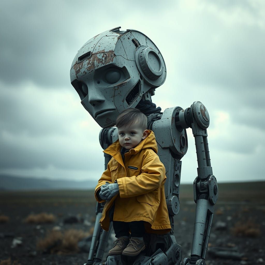 A Gritty, Hyperrealistic Scene of a Damaged Robot Carrying a...