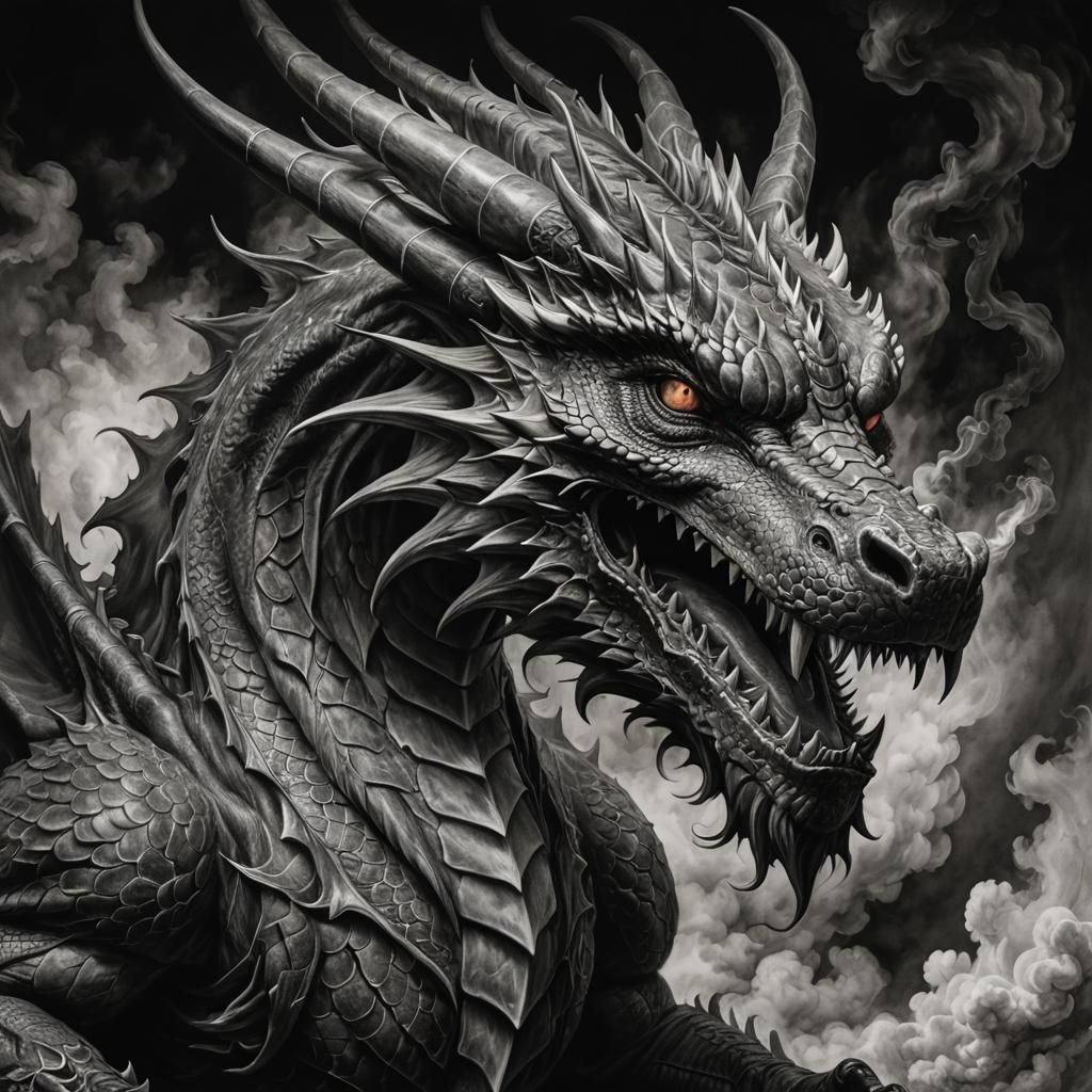 Detailed Monochrome Dragon Charcoal Drawing