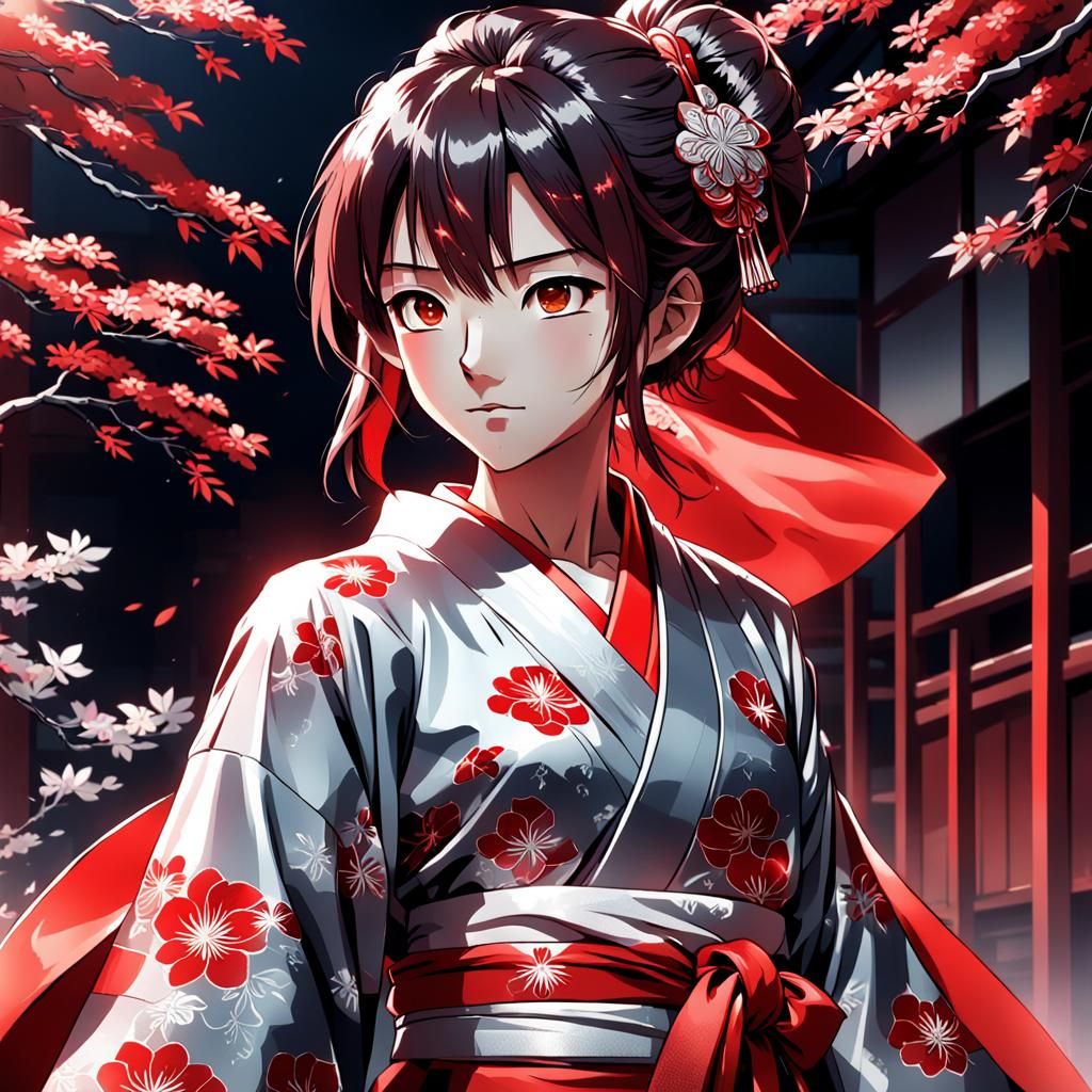 Red and Silver Kimono in Anime Style
