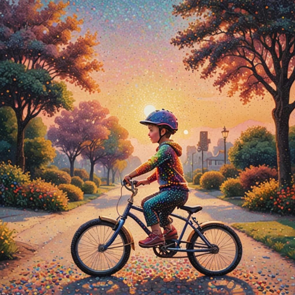 Pointillist Child on Bicycle at Sunset