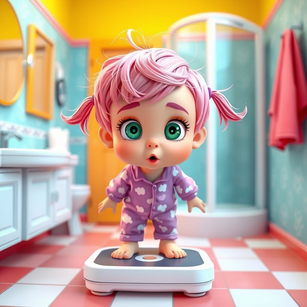 Toddler Girl Shocked on Bathroom Scale in Cartoon Style