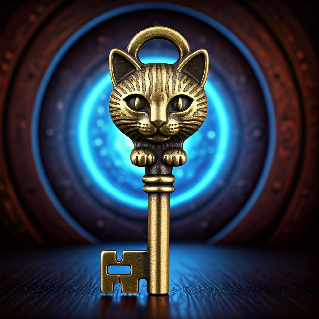 A brass key in the shape of a cat with the head at the top a...