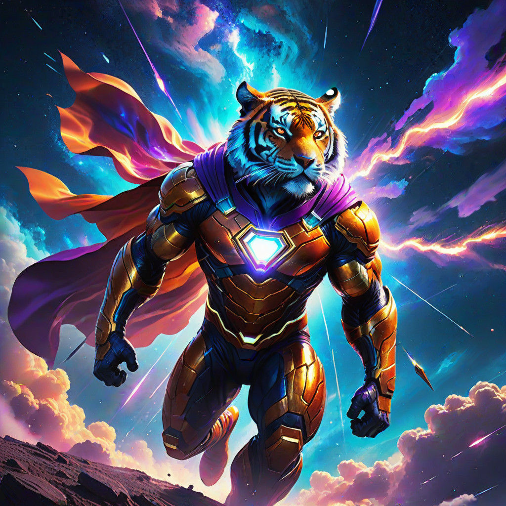 Surreal Superhero Soars Through Cosmic Skies in Vibrant Brus...