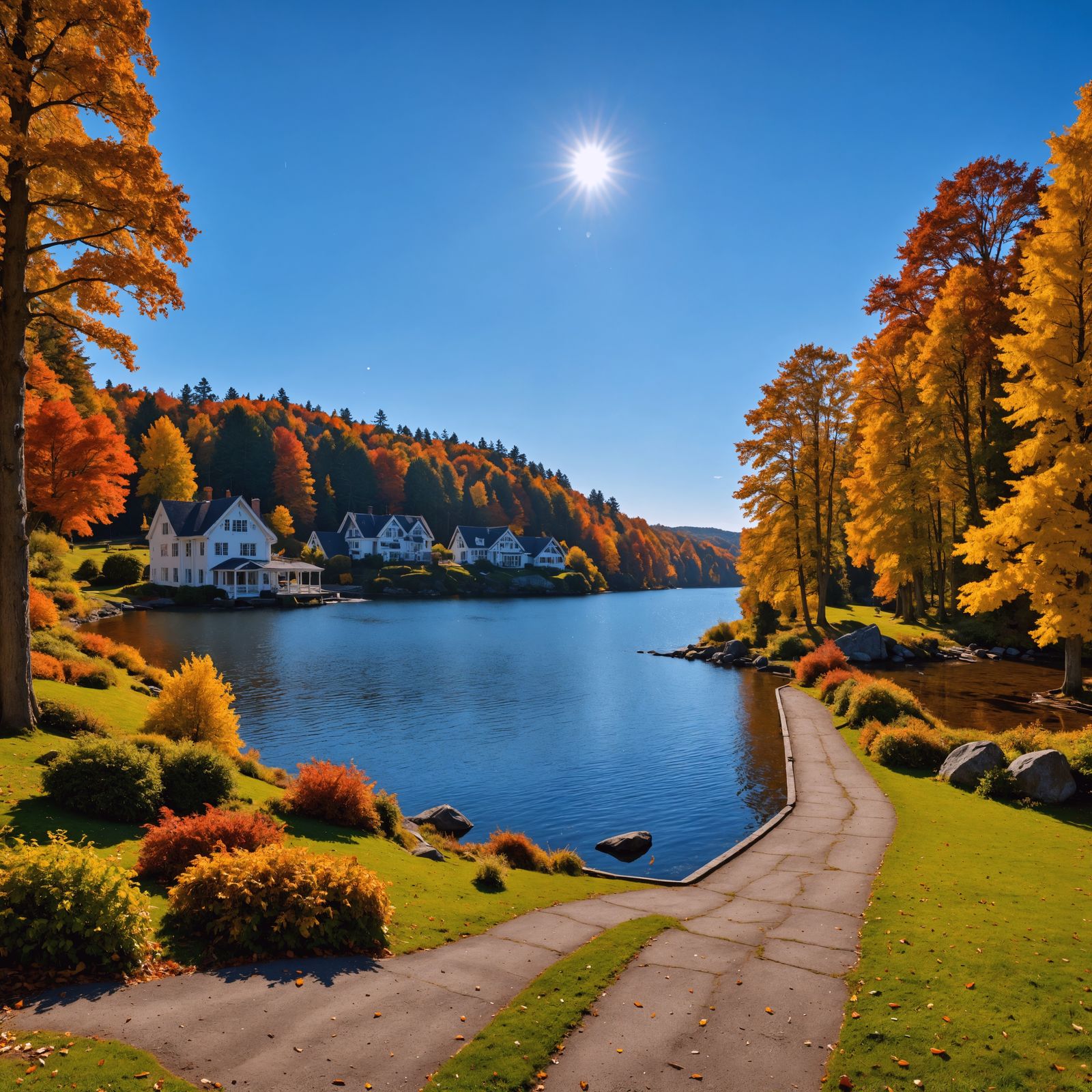 Autumn Lakeside Estate in Hyperrealistic Detail