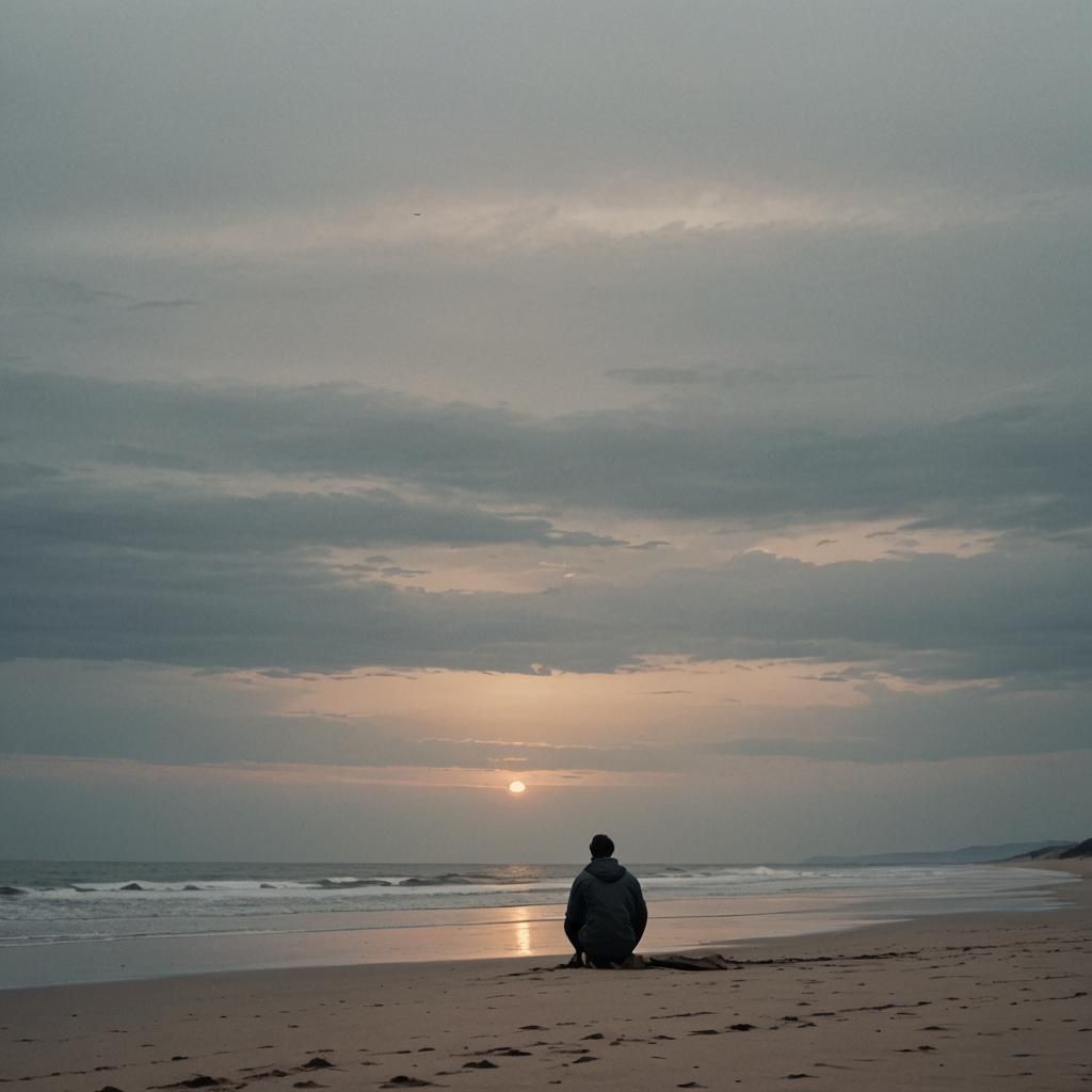 Lone Figure on Deserted Beach at Sunset