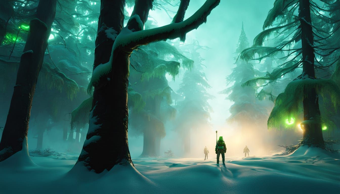 Dark Snowy Forest with Eerie Green Lights