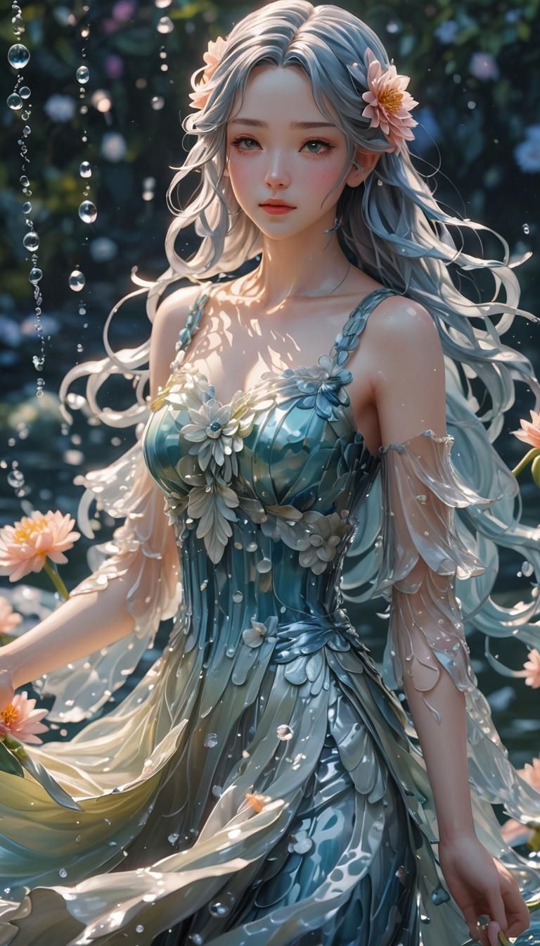 Anime Water Girl with Dahlias in 3D Art