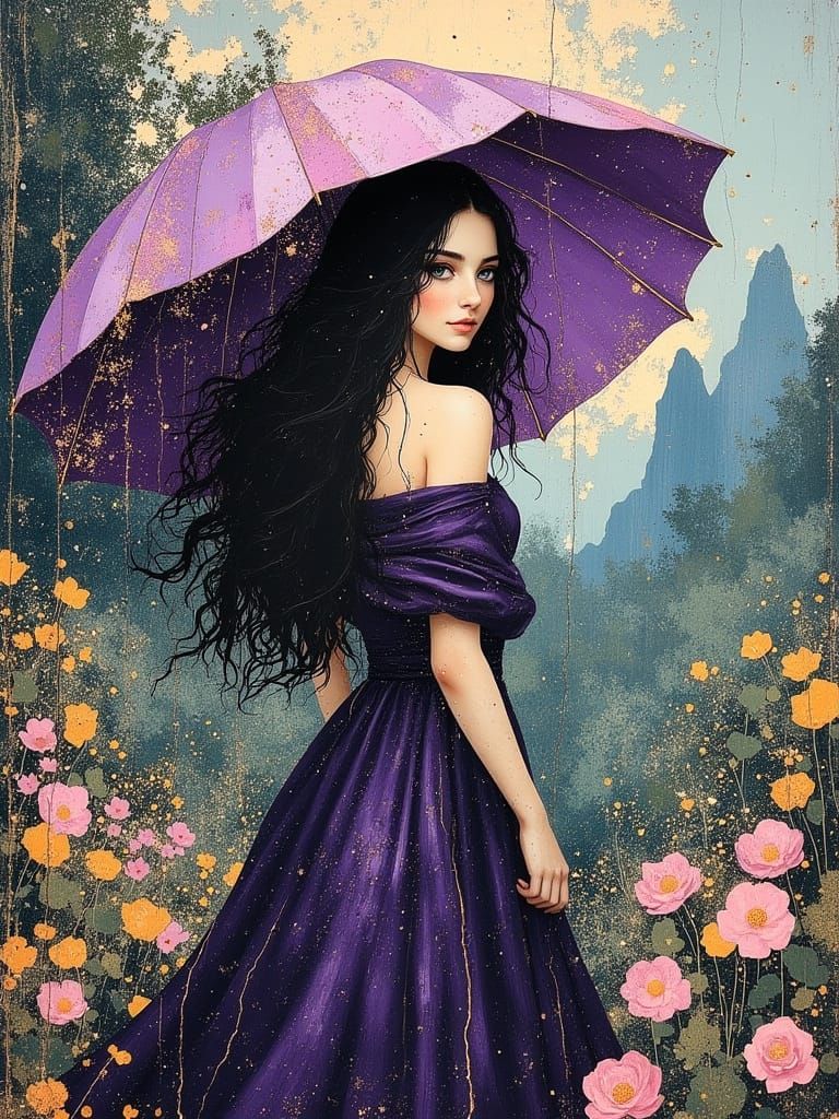 Elegant Medieval Lady with Lilac Sunshade in Flower Garden