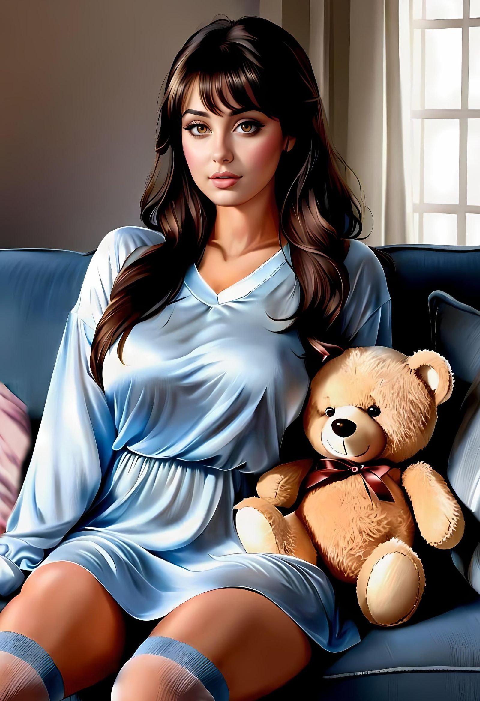 Curvy Woman with Teddy Bear Overlooking City at Night