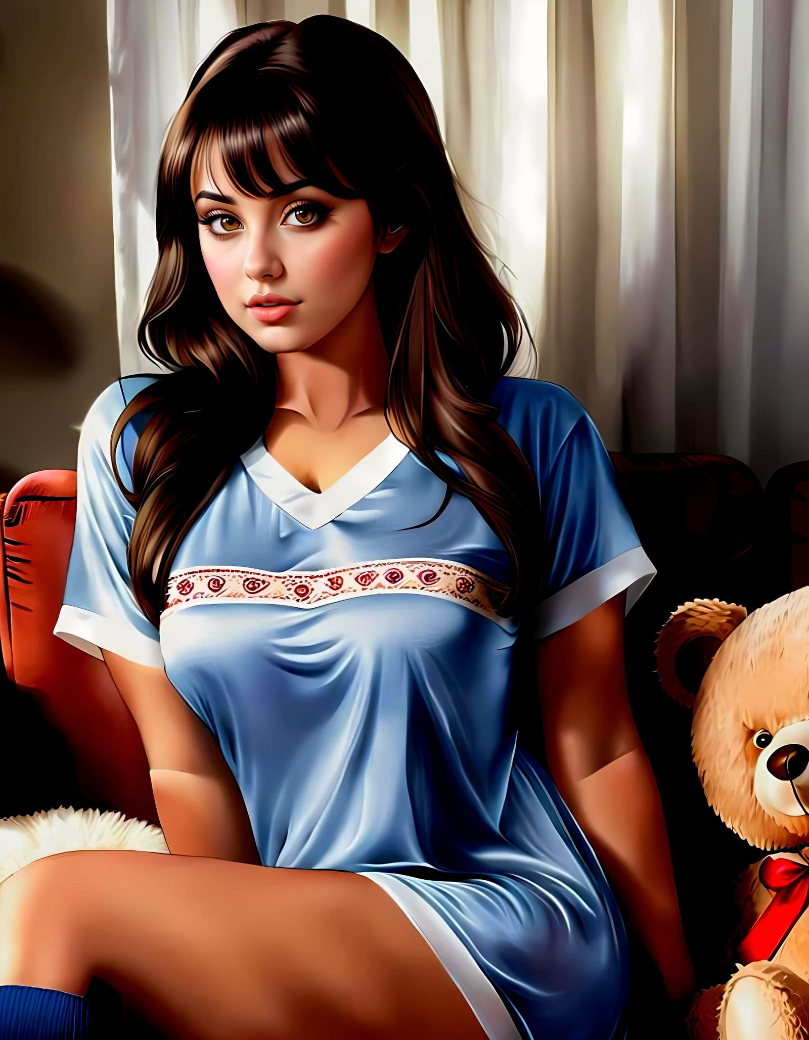 Curvy Woman with Teddy Bear and City View