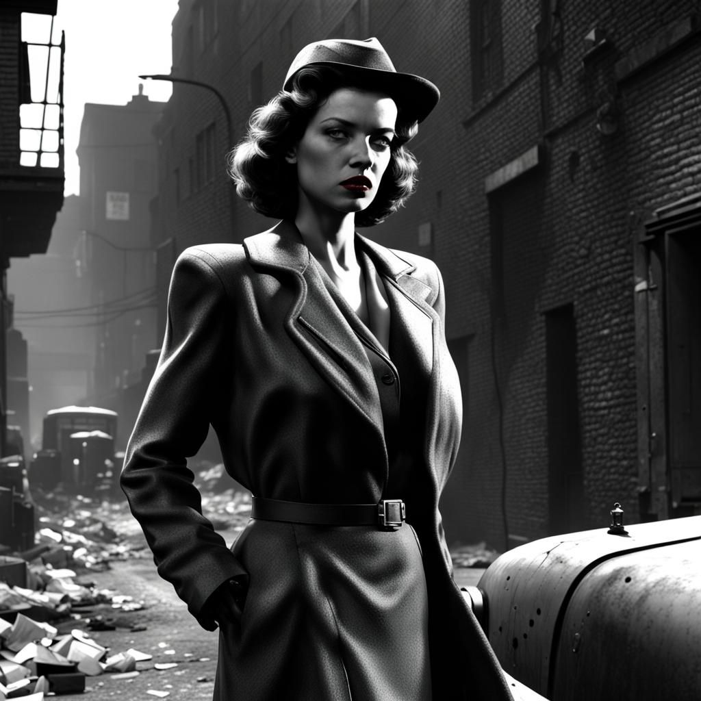 Noir Woman with Tommy Gun in Smoky Alley