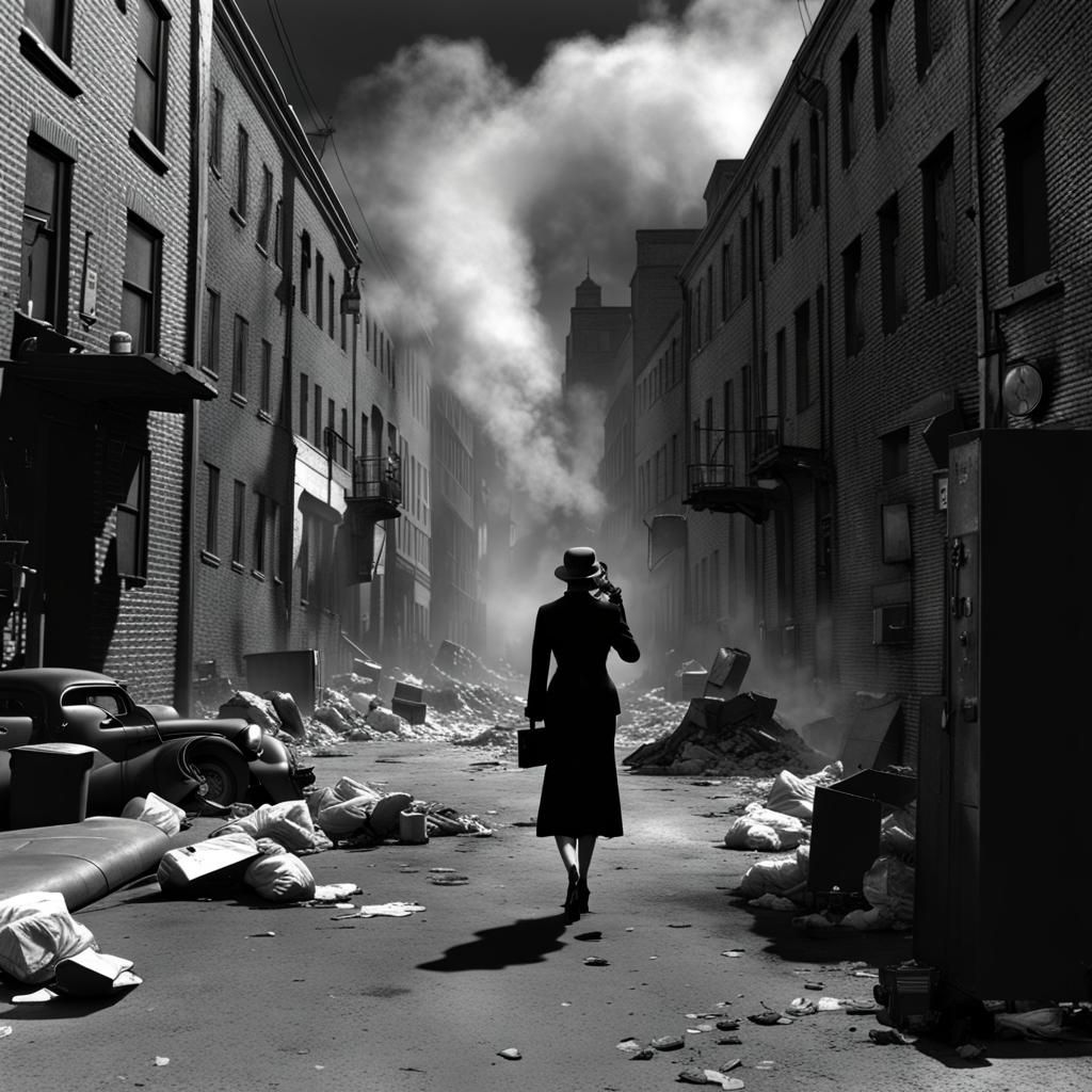 Noir Woman with Tommy Gun in Smoky Alley