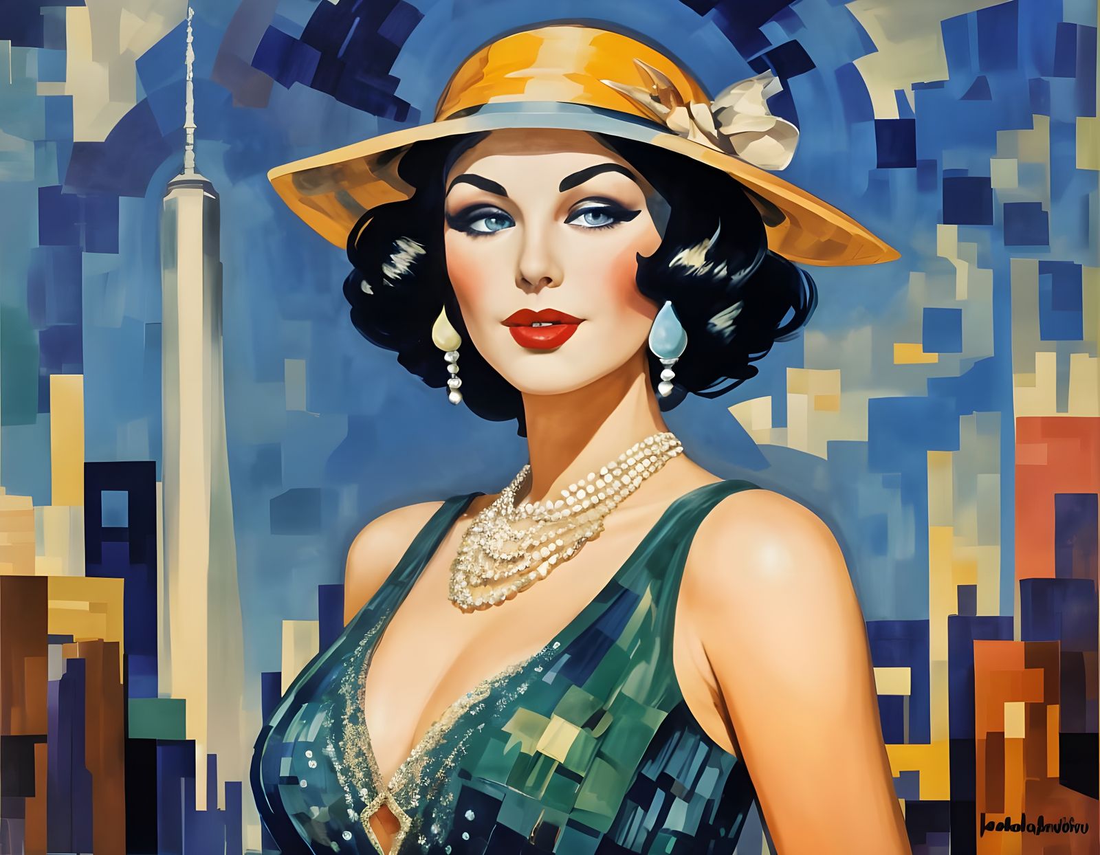 Futuristic Jazz Age Flapper in Double Exposure Impressionist...