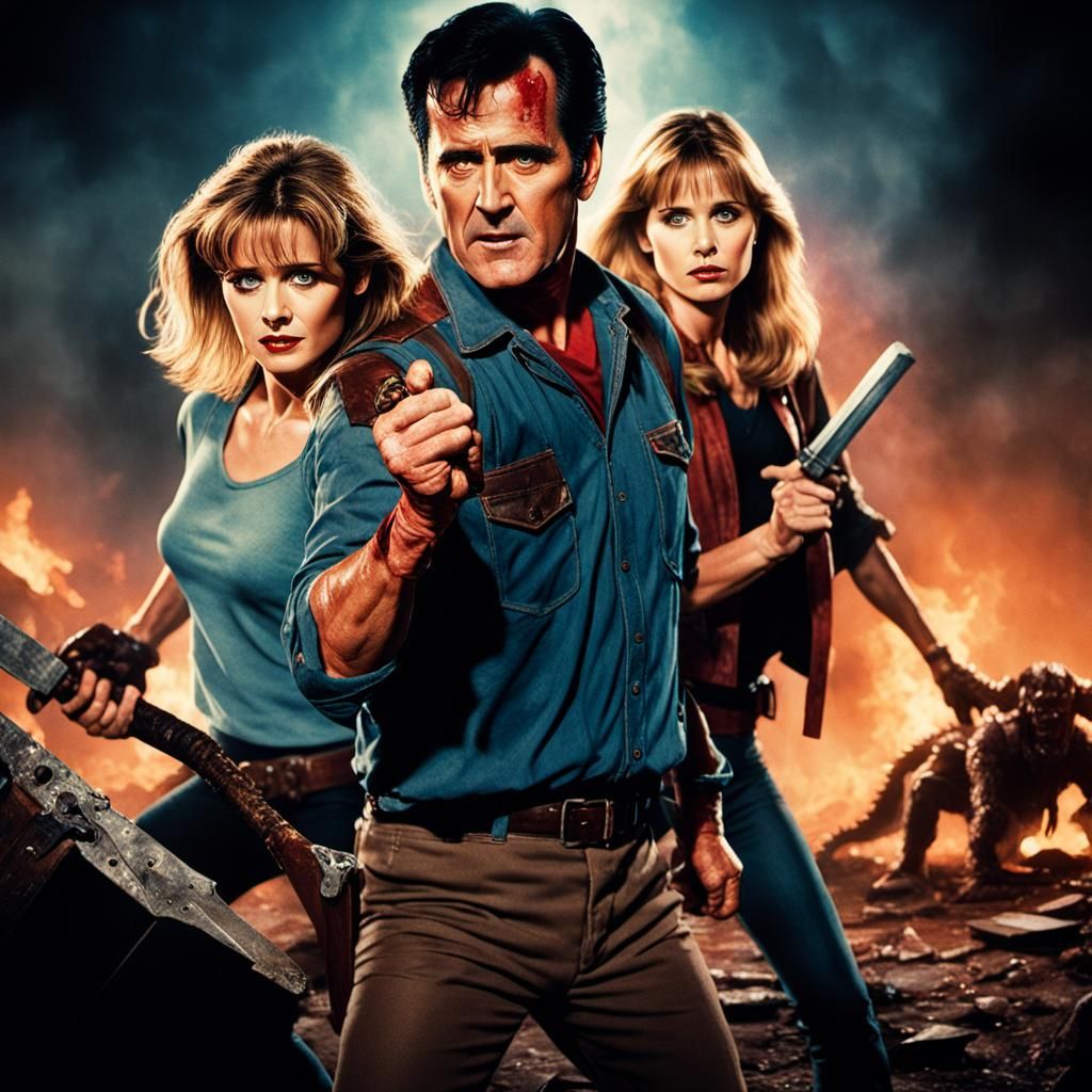 Ash and Buffy Fight Deadites: Cinematic Film Still