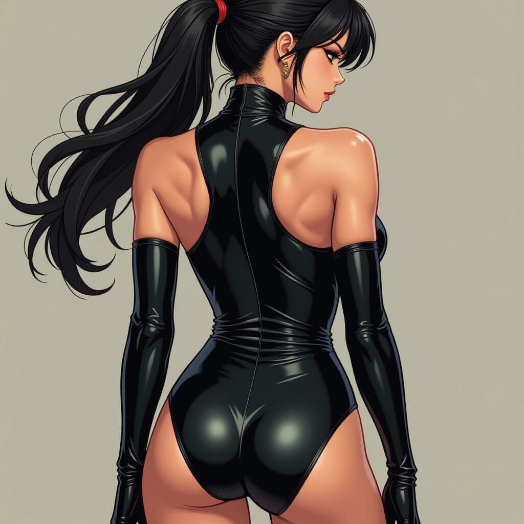 Anime Woman in Bodysuit with Muscular Back