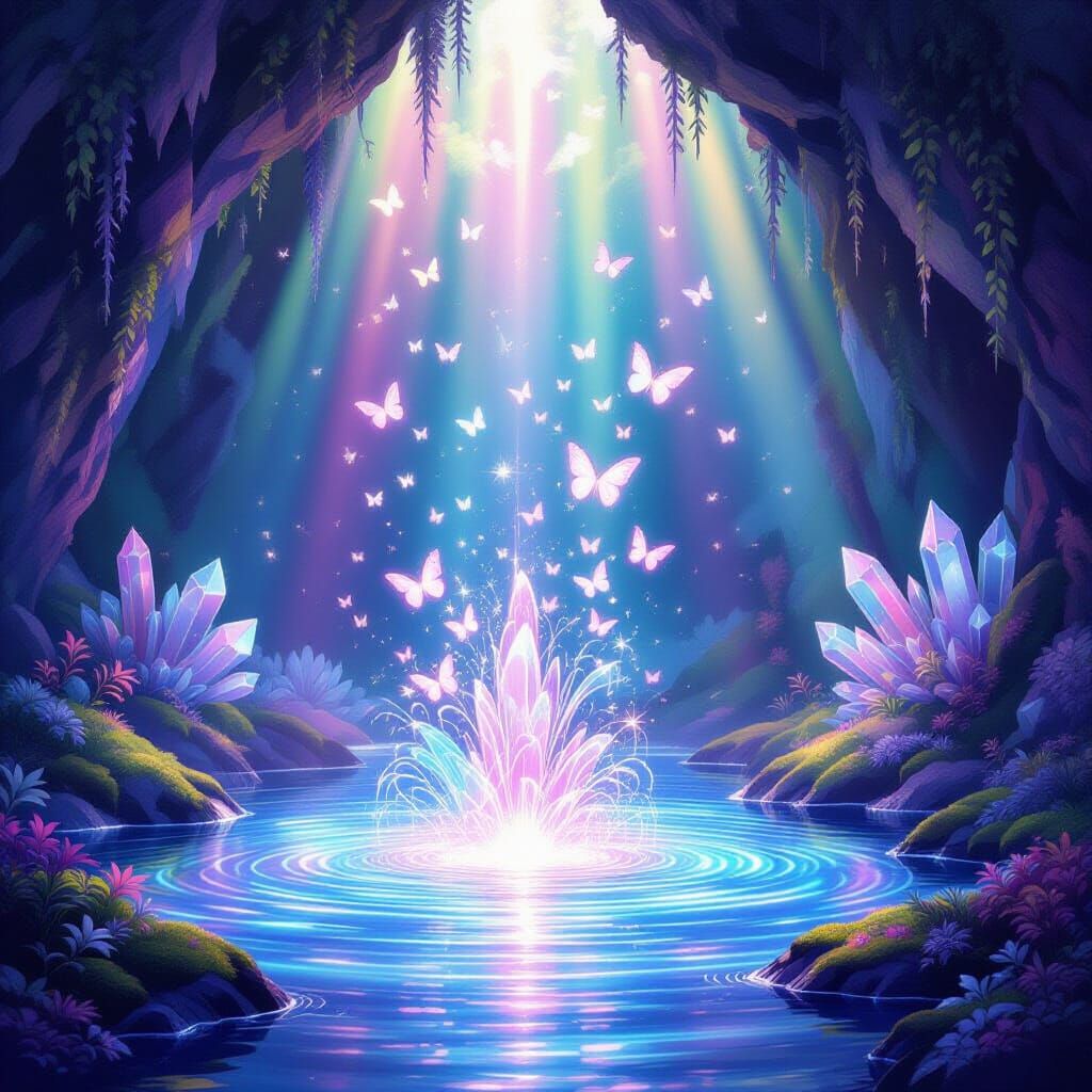 Enchanted Cave with Magical Fountain and Butterflies