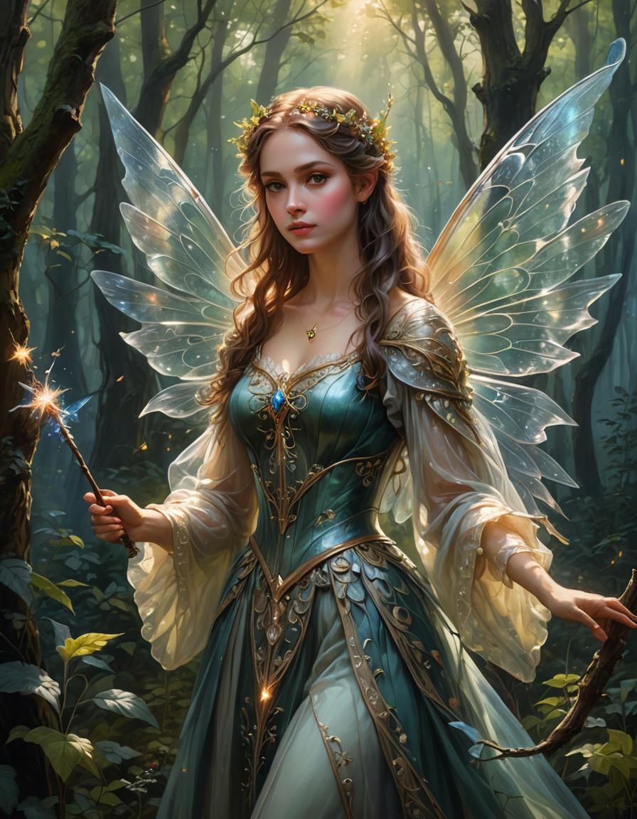 Enchanting Fairy Portrait with Magic Wand, Oil Painting