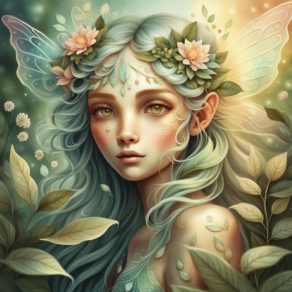 Faerie Portrait with Flower in Watercolor Style