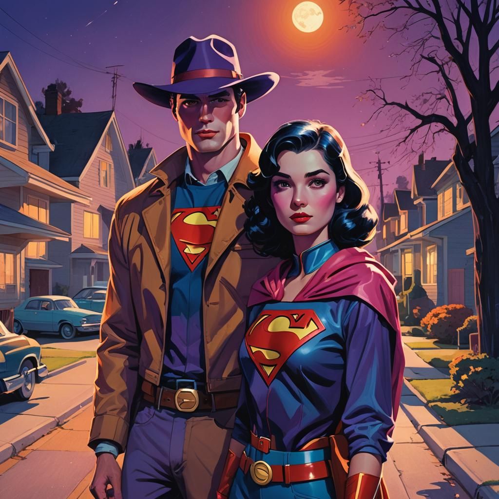 Halloween 1950s: Superman Girl and Cowboy in Retro-Futuristi...
