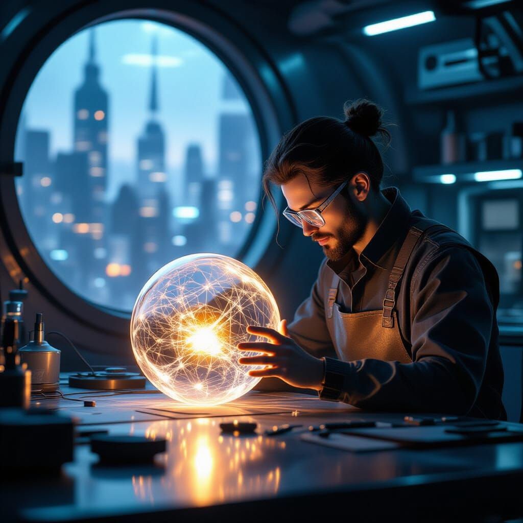 Futuristic Glass Artist Crafts Glowing Orb in Dim Workshop