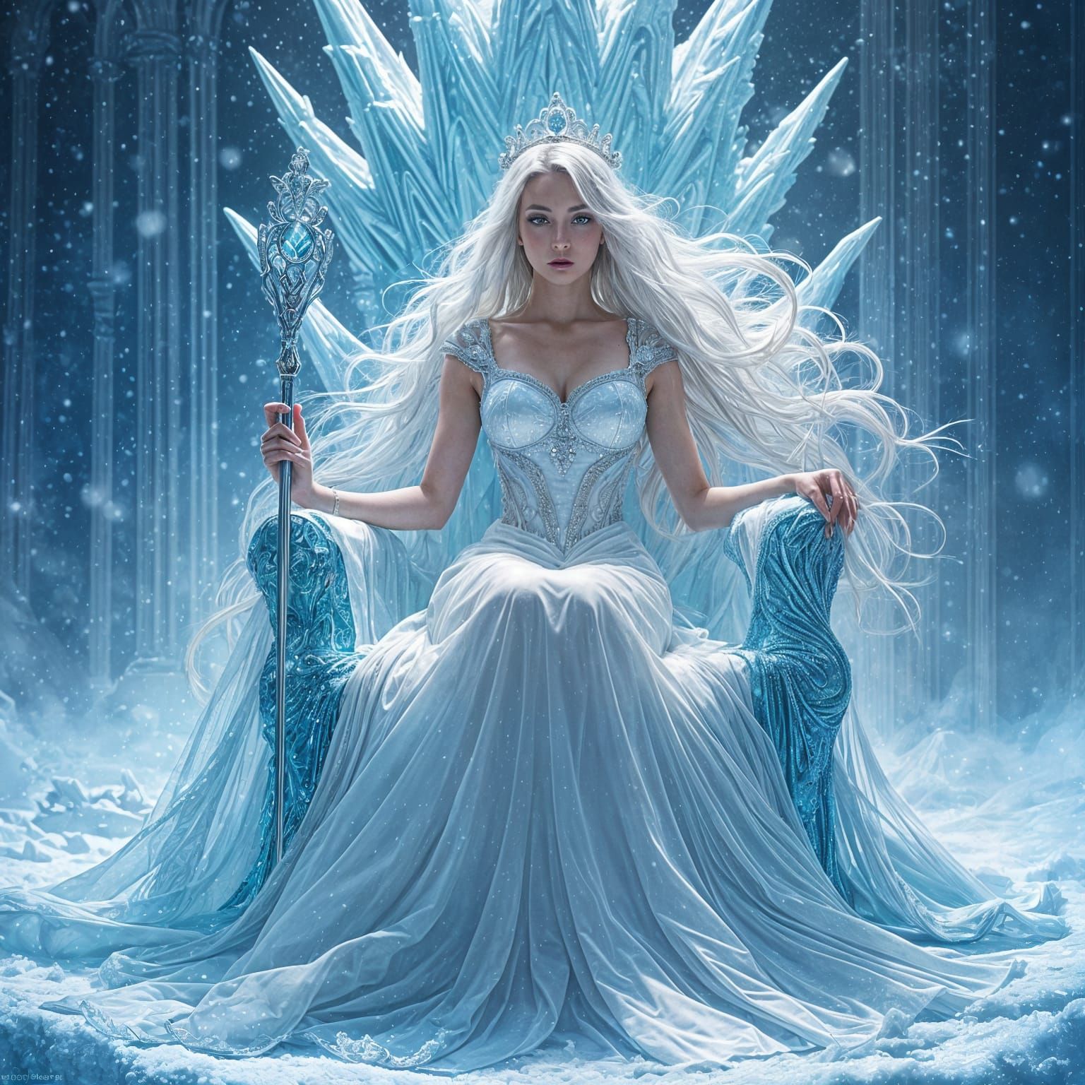 Regal Ice Queen in Frozen Fortress, Art Nouveau