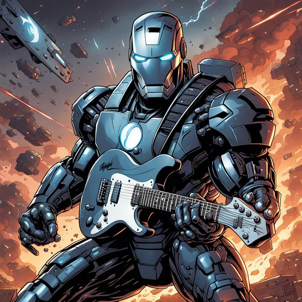 War Machine Shreds on Electric Guitar: Comic Book Art