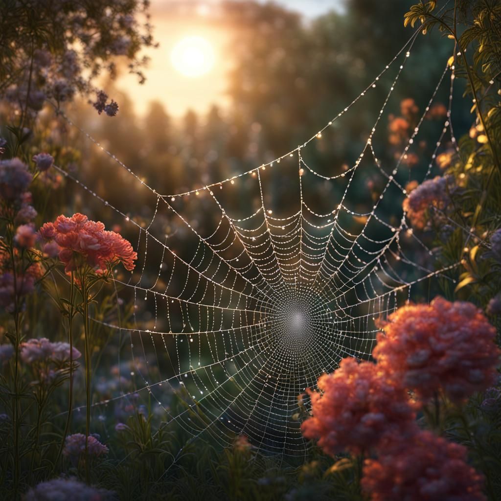 Sparkling Dew on Spiderweb and Flowers, Photorealistic