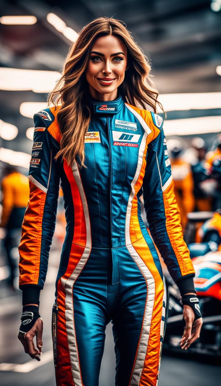 Hyperrealistic Racer Girl in Pitstop, Cinematic Lighting