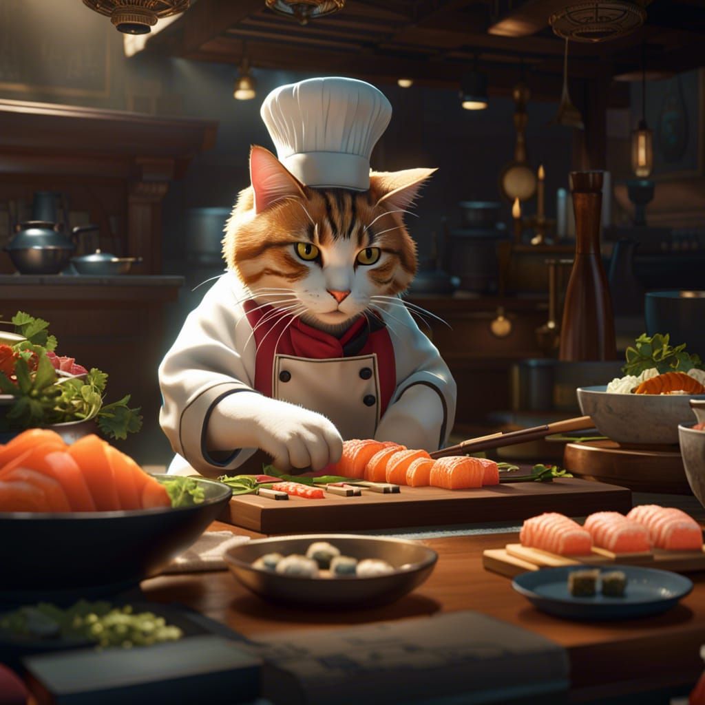 Chef Cat Prepares Sushi: Fantasy Concept Art