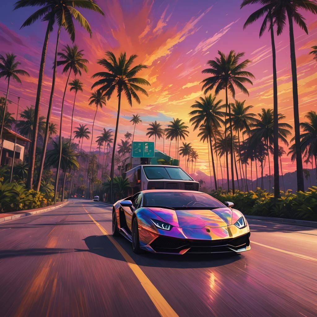 Rainbow Lamborghini in Rothko-Inspired Sunset