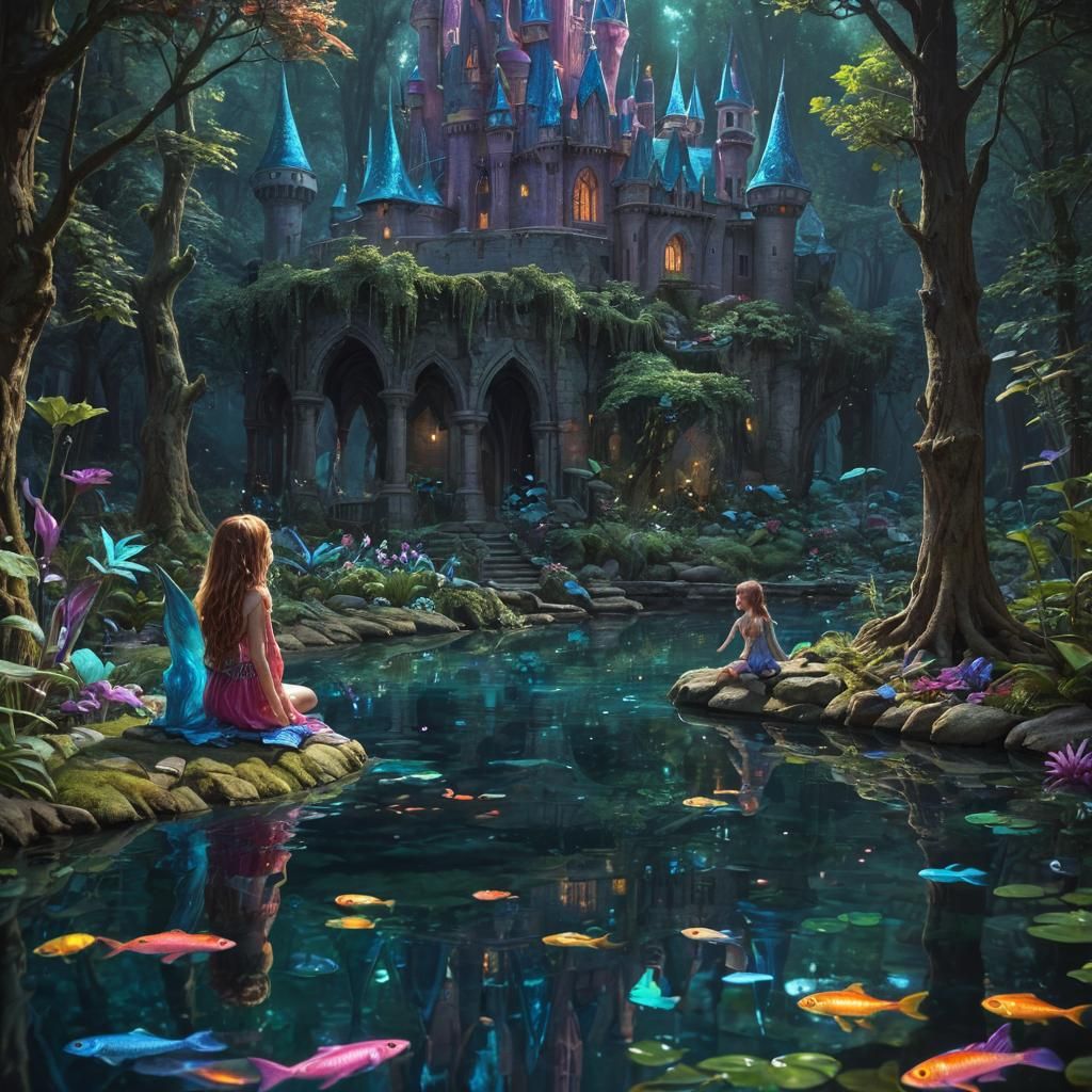 Mystical Forest Pool Reflecting a Fantasy Castle