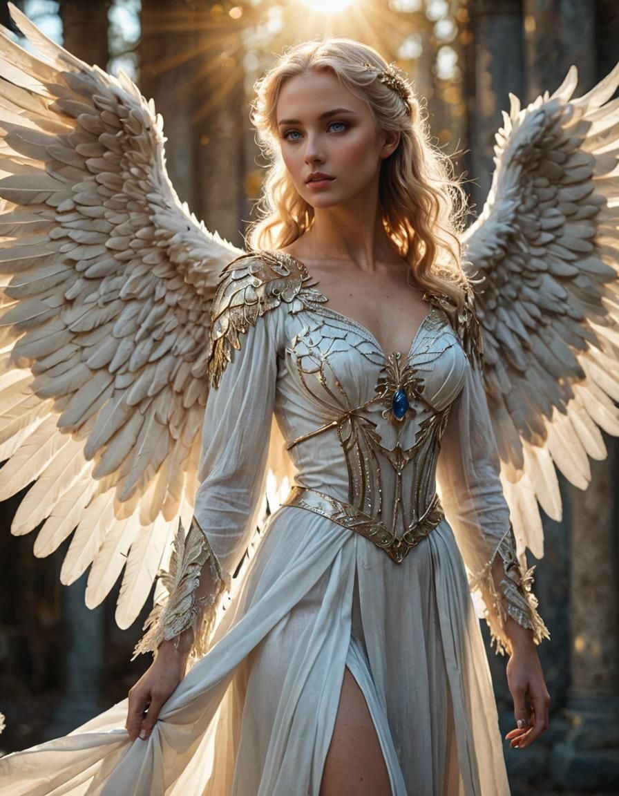 Elegant White Angel with Blue Eyes and Wings