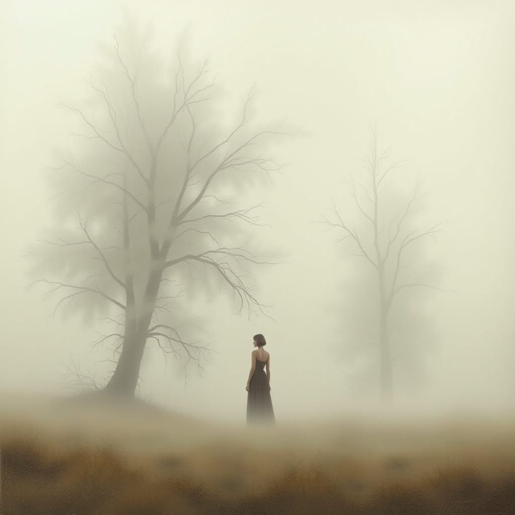 Ethereal Woman in Dreamlike Monochromatic Landscape