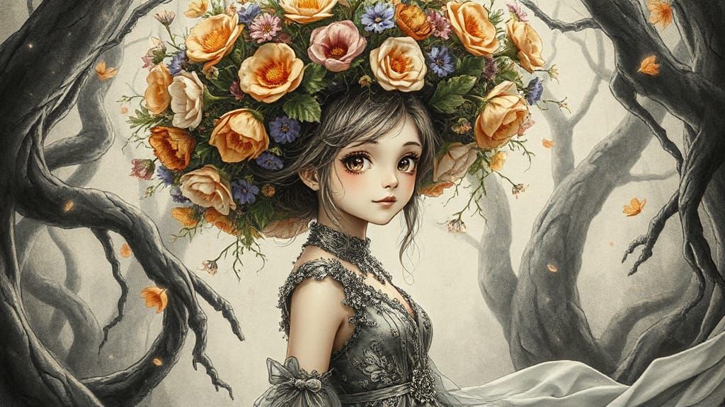 Enchanted Forest Woman with Flower Crown and Glowing Vines