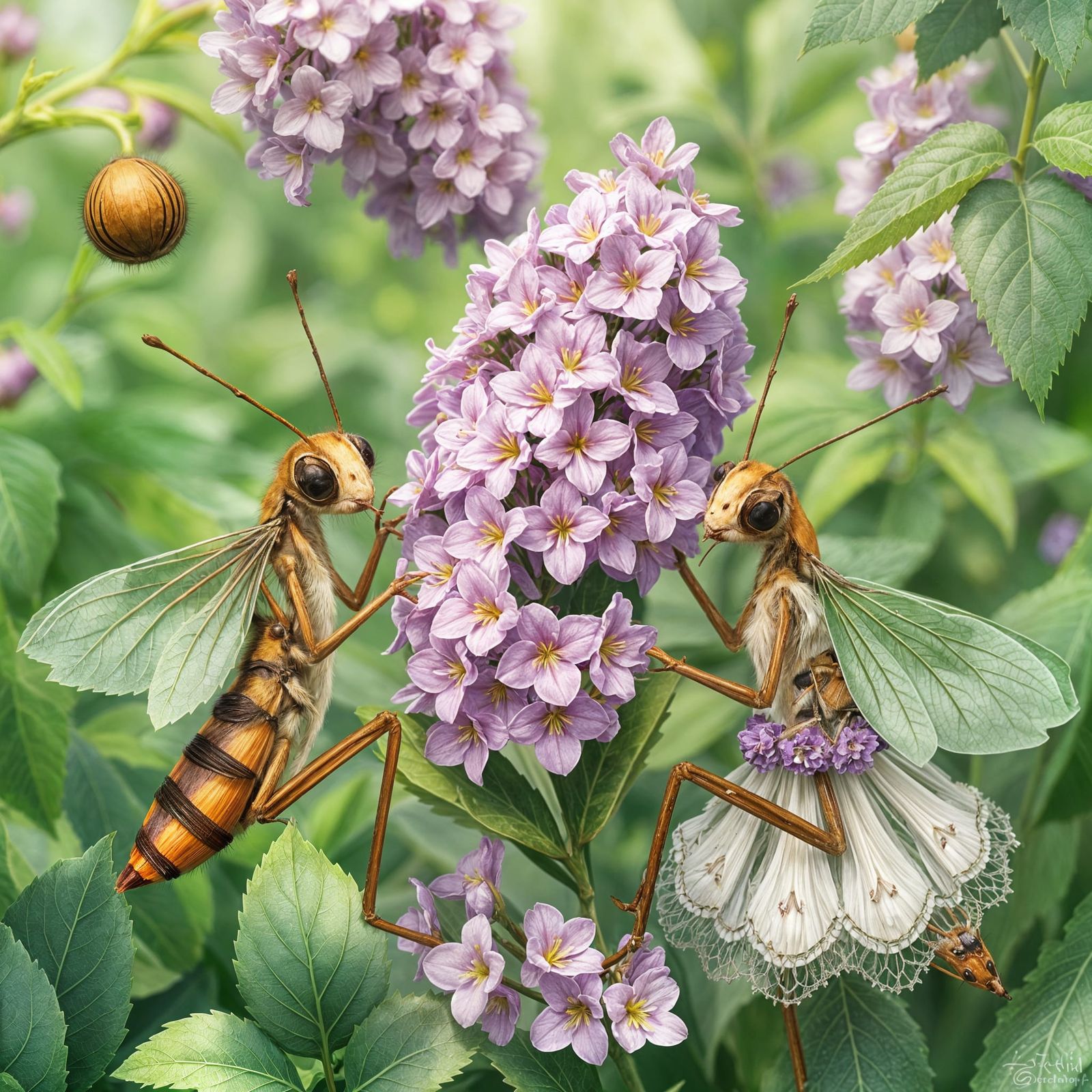 Crickets Arranging Lilacs in a Whimsical Scene