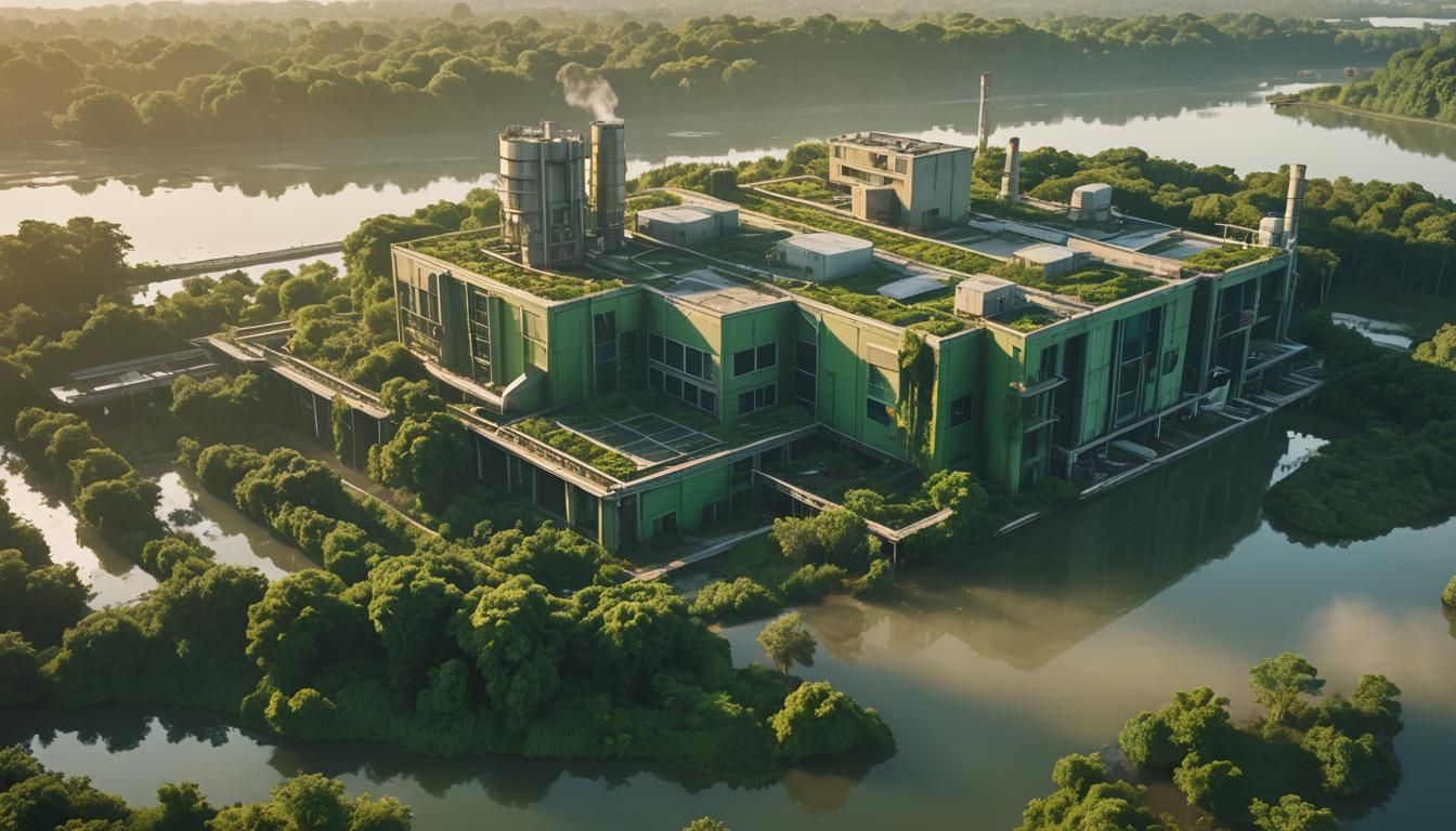 Futuristic Factory Merged with Lush Estuary