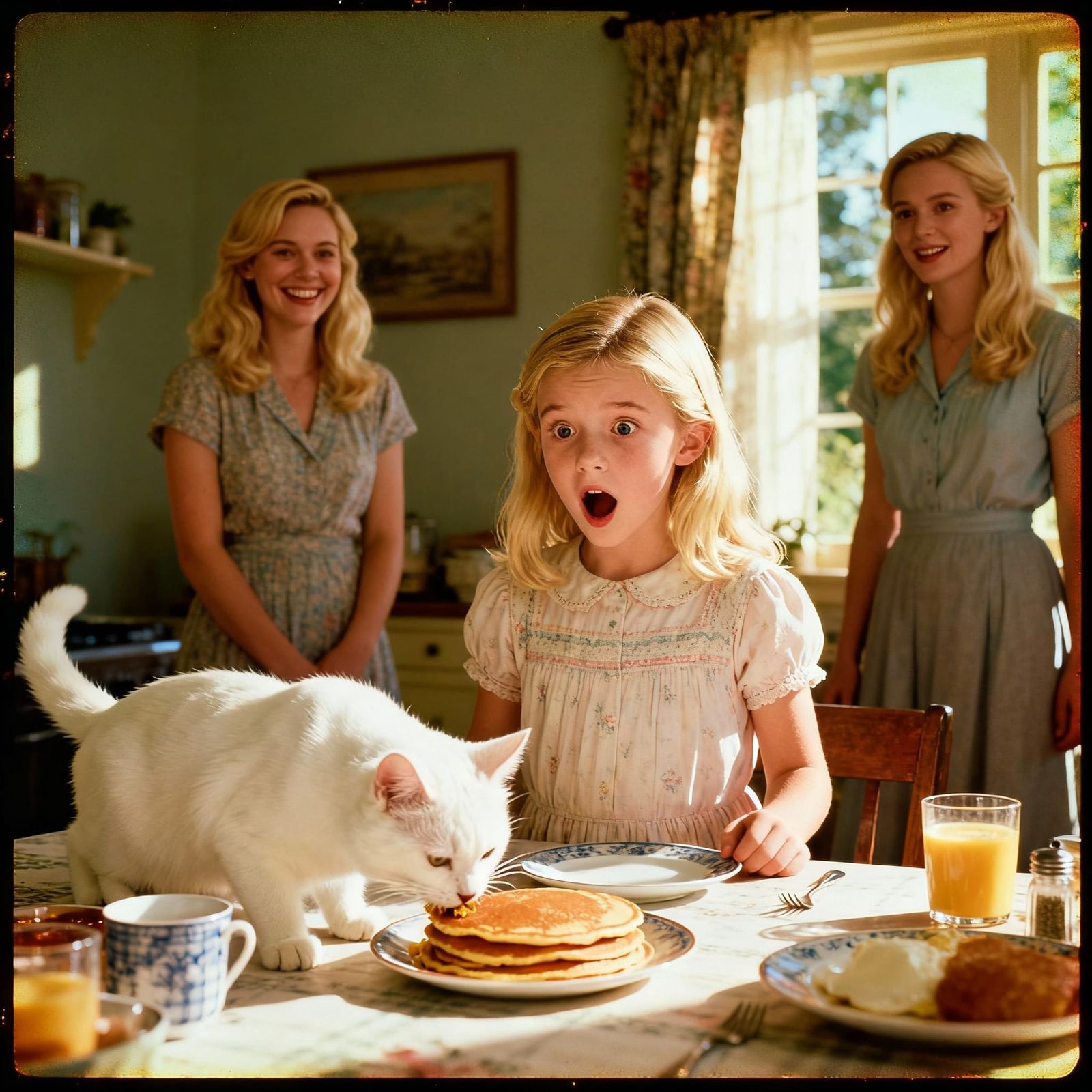 Shocked Girl and Cat Eating Pancakes in Sunlit Kitchen