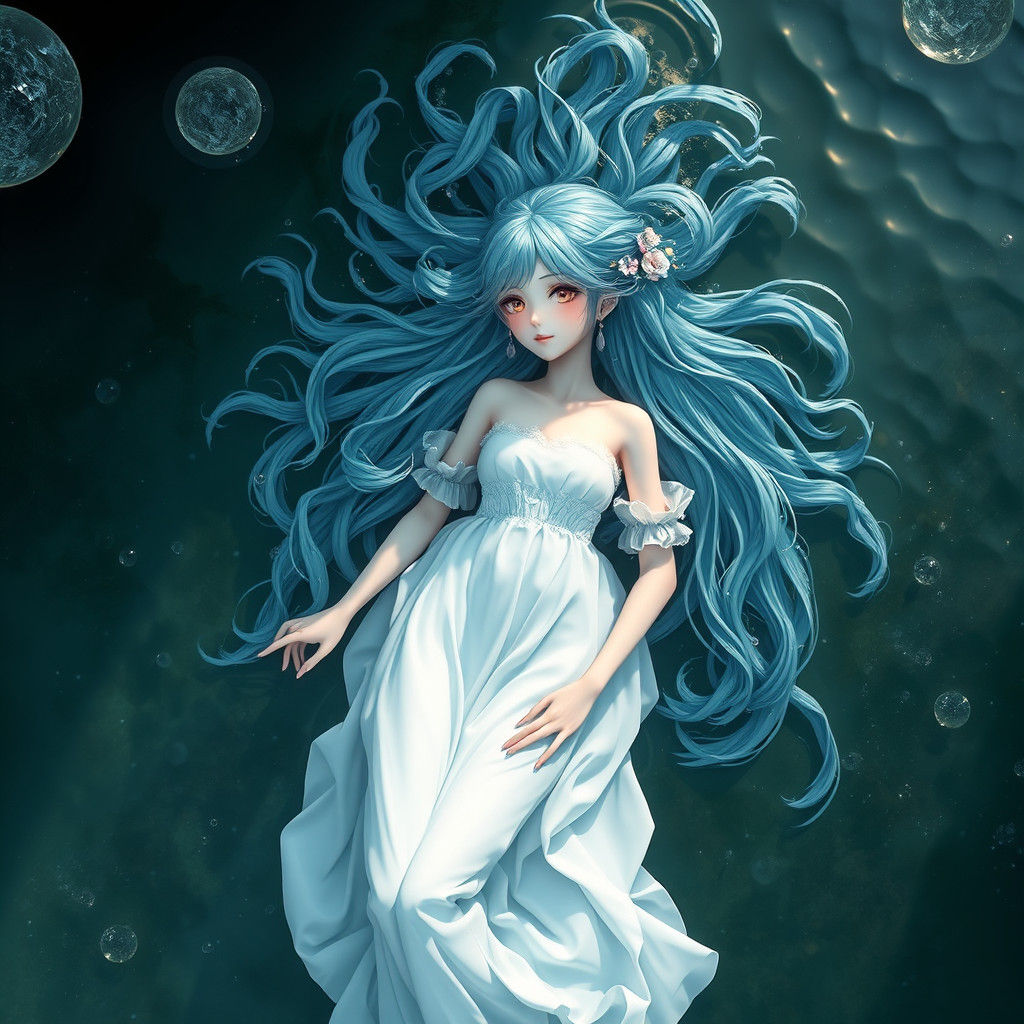 Anime Girl with Water Hair Floating on River