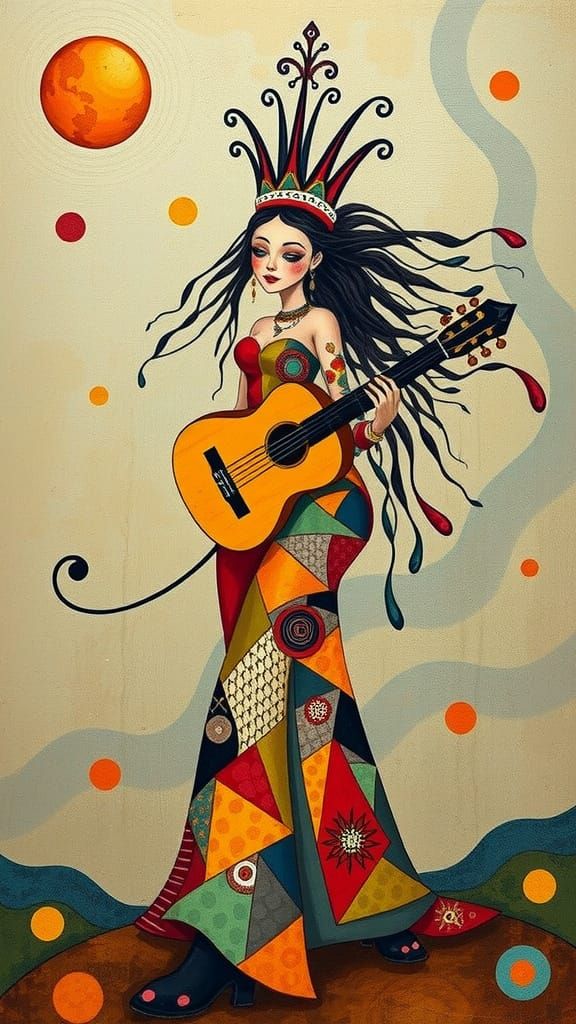 Ethereal Gypsy Queen in Vibrant Musical Abstract