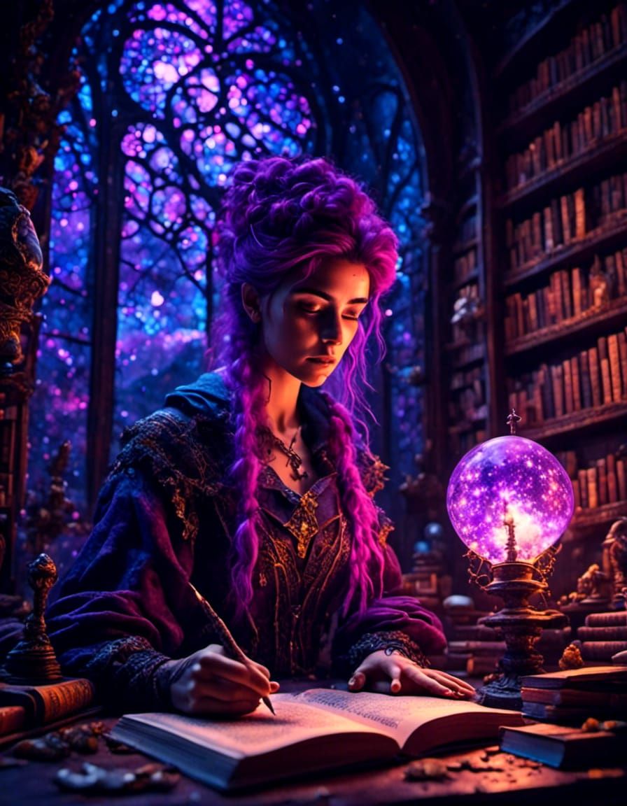 Young Witch Studying in Library, Hyperrealistic Dark Fantasy
