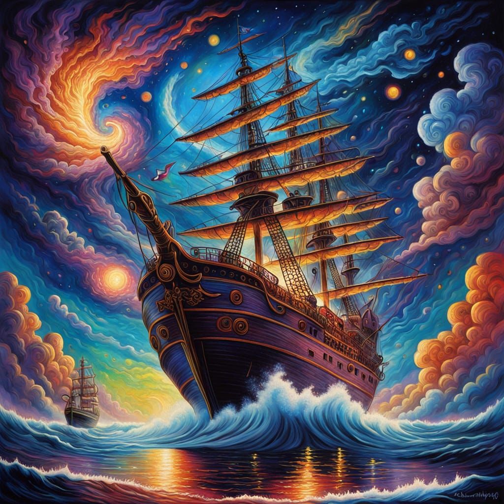 Cosmic Pirate Ship in Vibrant Oil Painting Style