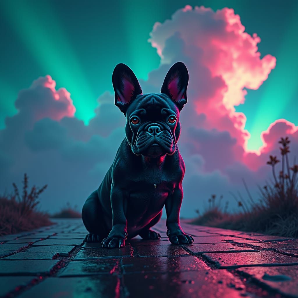 Dreamlike French Bulldog in Futuristic Nightscape